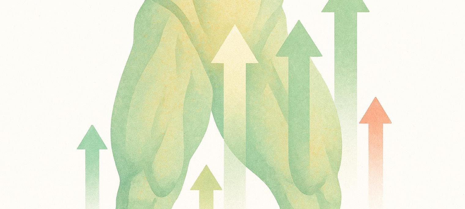An abstract illustration depicting muscular legs with various arrows pointing upwards, symbolizing growth or progress. The color palette is primarily greens and yellows on a light background. Some of the arrows appear translucent and overlap the limb shapes.