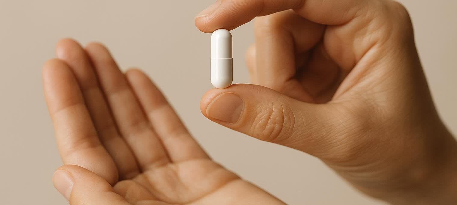 Close-up of a person's hand holding a single white capsule pill between their thumb and forefinger, with an open palm visible in the background.