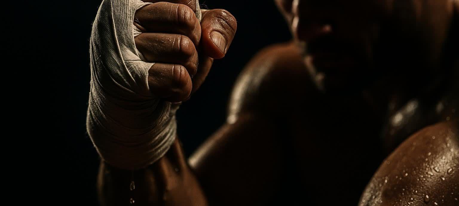 A close-up of a sweaty hand with knuckles pressed against skin, wrapped in white tape. The background is dark and out of focus.