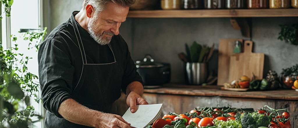 A man stands in a kitchen, looking down at a piece of paper with recipes on it. In the foreground is a collection of fresh vegetables.