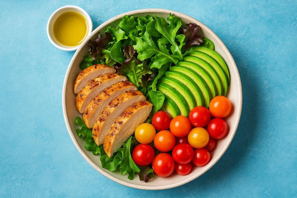 An overhead shot of a salad bowl featuring sliced grilled chicken breast, mixed greens, fanned avocado slices, and a mix of red and orange cherry tomatoes. A small white bowl of dressing is next to the main salad bowl on a blue background.