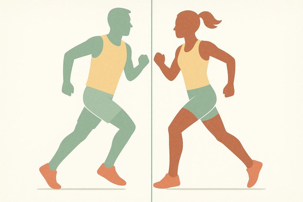 Illustration showing distinct silhouettes of a male runner and a female runner, facing each other in profile. The male is green and cream, and the female is brown and cream.