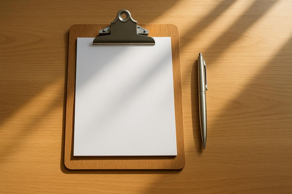 An overhead shot of a wooden clipboard with a blank piece of white paper clipped to it, lying on a light-colored wooden desk. To the right of the clipboard is a metallic silver pen. Sunlight with distinct parallel shadows falls across parts of the desk, the paper, and the pen.