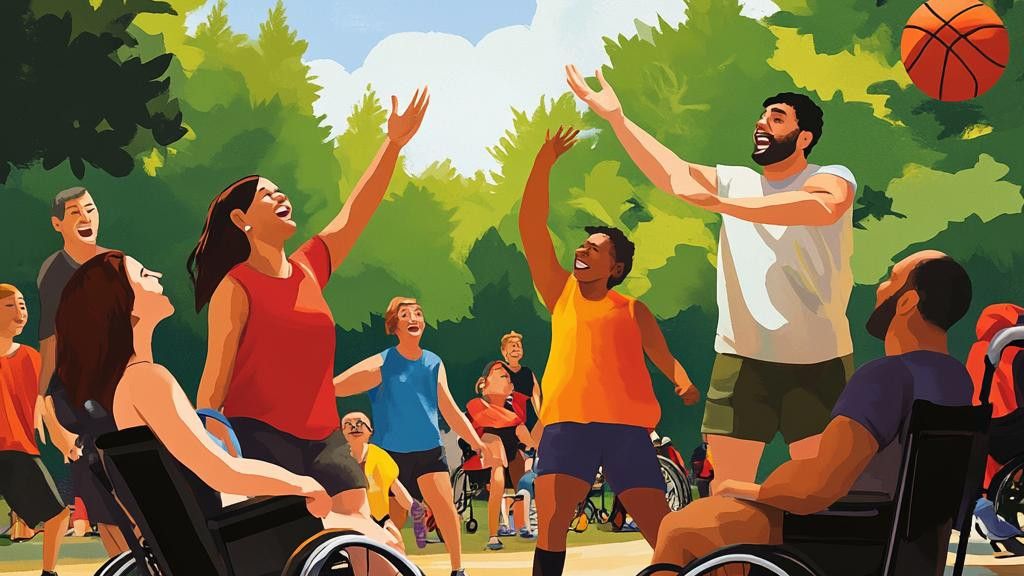 A group of diverse adults, including several in wheelchairs, play basketball outdoors. Some are reaching for the ball, while others watch with anticipation.