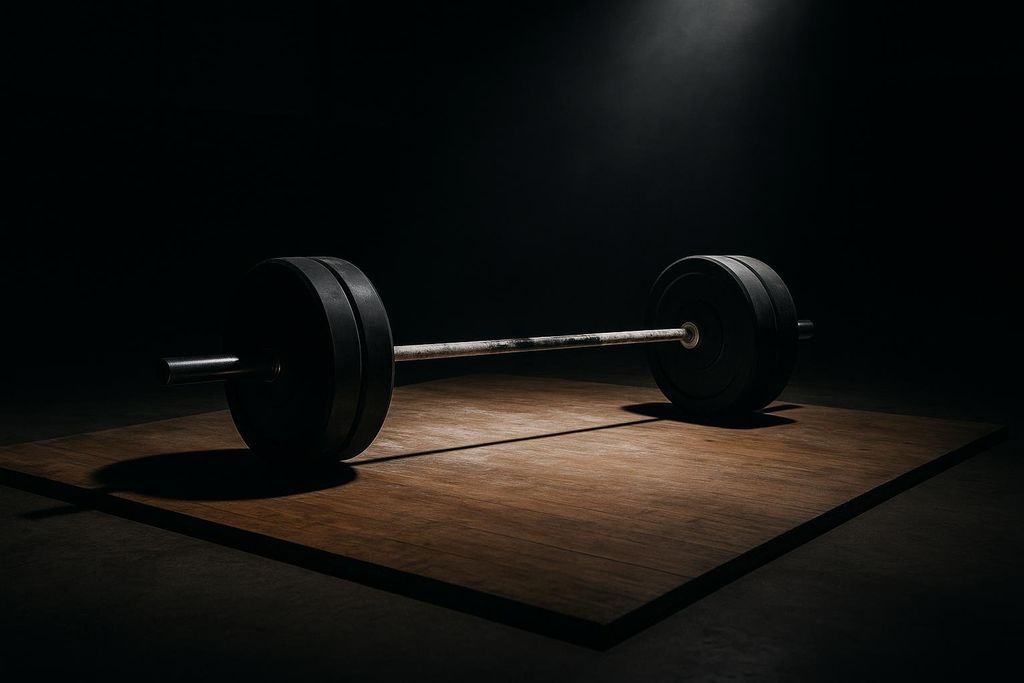 Heavy barbell resting on an empty lifting platform in a dark gym