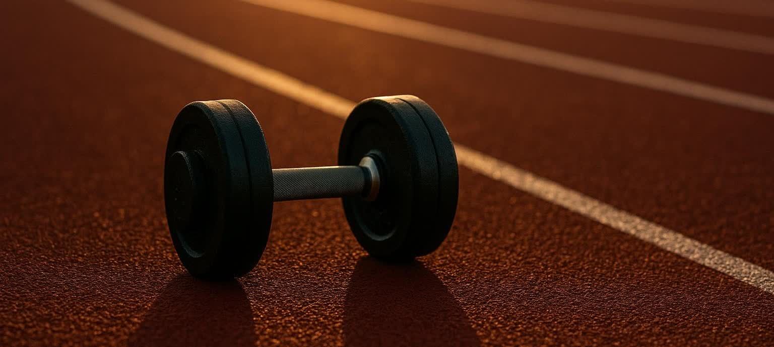 A dumbbell resting on a running track symbolizing the combination of strength and cardio training
