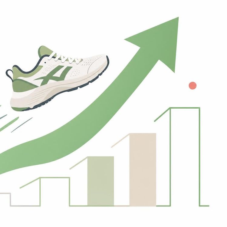 Stylized illustration of a white and green athletic shoe leaping upwards following a large green arrow, representing growth or progress. Below the arrow are faint bar graph elements.