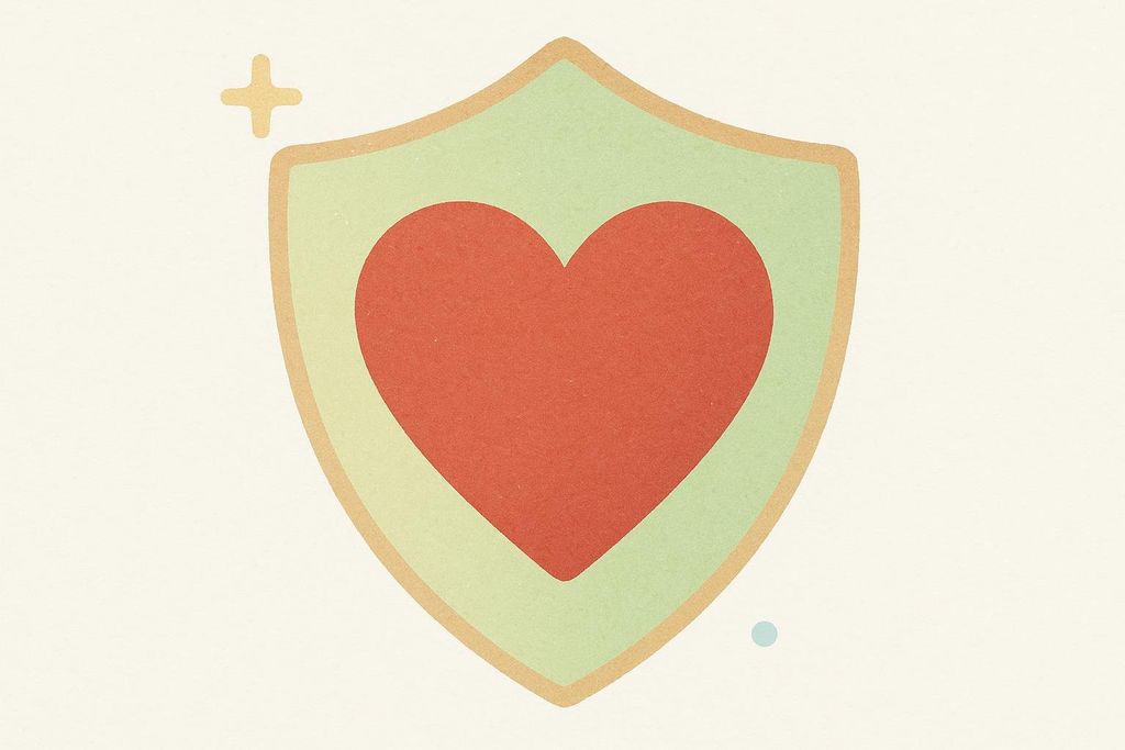 A heart icon behind a protective shield.