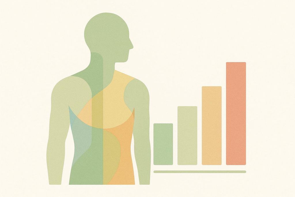 An abstract, geometric representation of a human upper body in shades of green and orange, facing right. To the right of the figure, there is a simple bar chart with three bars of increasing height, in light green, yellow, and orange.