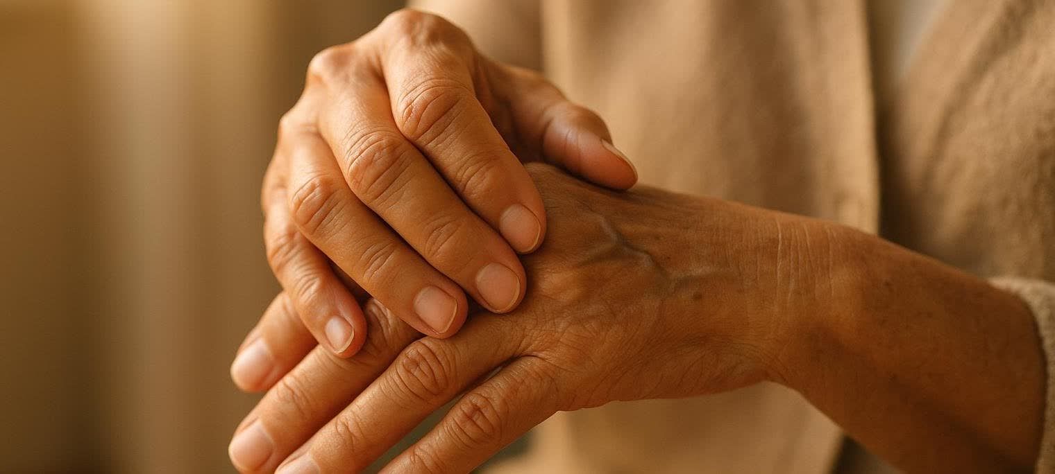 Close-up of an older person's hands, one gently massaging the other's knuckles to relieve joint pain.
