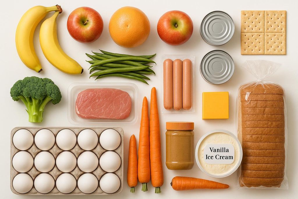 An overhead view of all the groceries needed for the 3-day Military Diet shopping list, arranged neatly on a white background. The items include bananas, apples, grapefruit, green beans, broccoli, raw meat, eggs, hot dogs, canned goods, crackers, peanut butter, vanilla ice cream, carrots, whole wheat bread and a block of cheese.