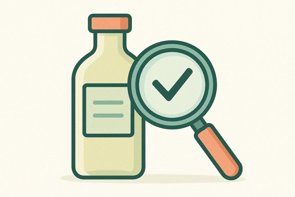 An illustration features a magnifying glass with a checkmark inside, inspecting the label of a light yellow supplement bottle. The bottle's label has two horizontal lines indicating text, and the magnifying glass implies quality control or ingredient scrutiny.