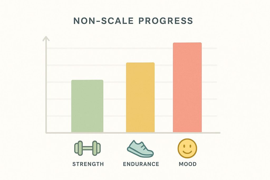 A bar chart titled 'Non-Scale Progress'. It shows three bars, each representing an upward trend for 'strength' (green bar with a dumbbell icon), 'endurance' (yellow bar with a running shoe icon), and 'mood' (red bar with a smiley face icon). The bar for mood is the highest, followed by endurance, then strength, indicating increasing progress in each category.