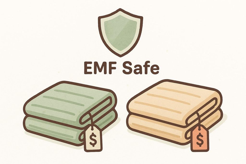 An illustration showing two folded sauna blankets, one green and one beige, each with a price tag symbol. Above them is a green shield icon with the text 'EMF Safe' below it, suggesting a comparison of EMF safety in sauna blankets.