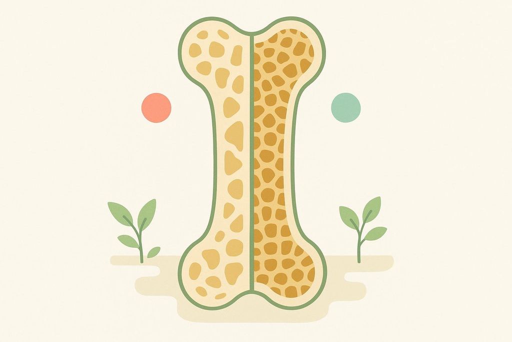 An illustration comparing bone structures. The left side shows a weak, porous bone with larger, irregular spaces. The right side shows a strong, dense bone with smaller, more tightly packed spaces. Two small green plants are depicted at the bottom, and a red and green circle are at the top, flanking the bone.