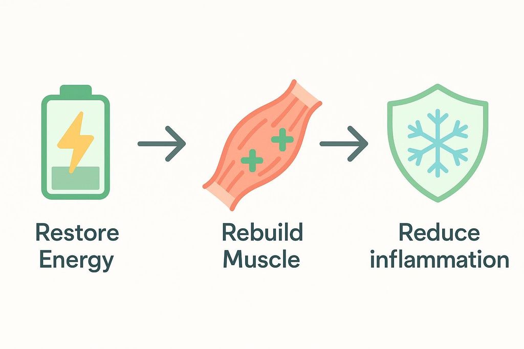Diagram showing the three goals of post-workout nutrition: Restore Energy, Rebuild Muscle, and Reduce Inflammation.