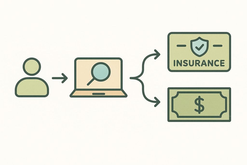 A flowchart representing a patient searching online and then deciding between an insurance payment path or a cash payment path.
