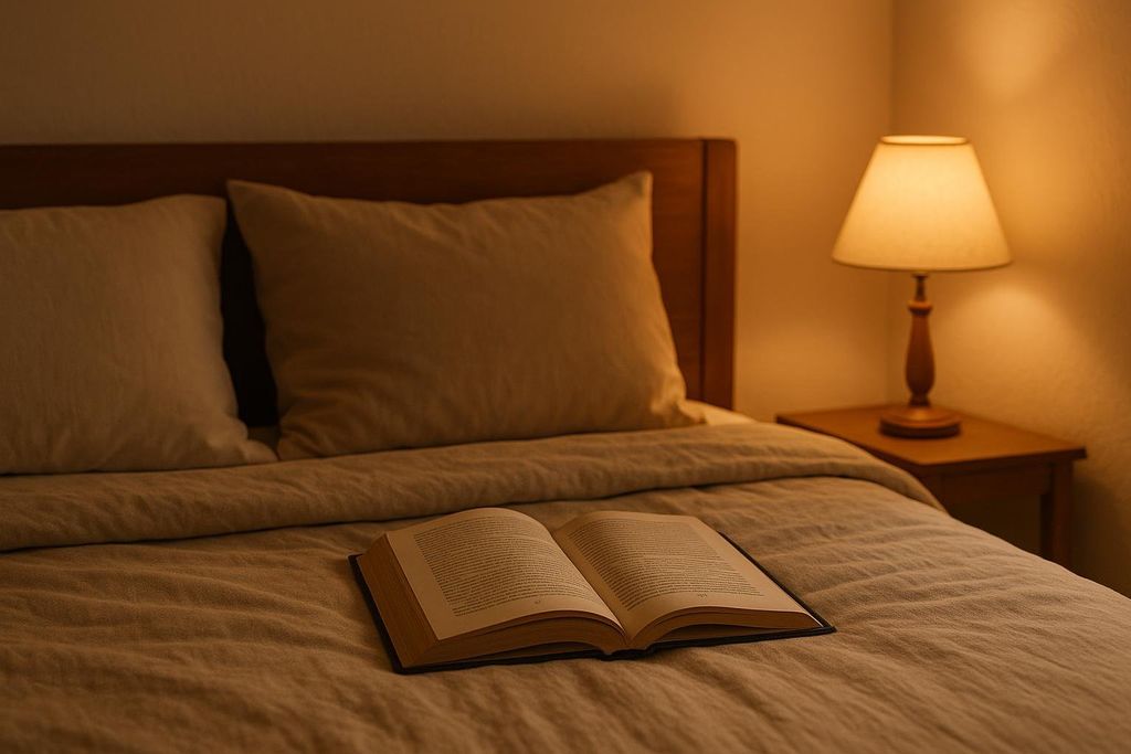 An open book rests on a cozy, rumpled bed, bathed in the warm glow of a bedside lamp on a wooden nightstand.