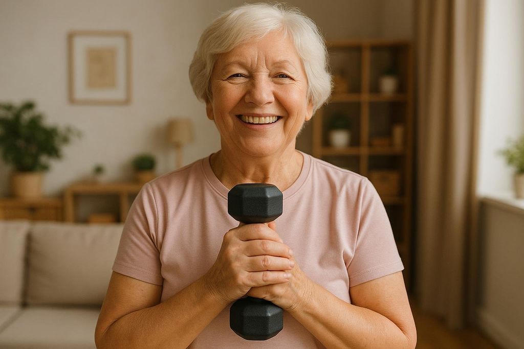 Senior woman performing a goblet hold with a dumbbell.