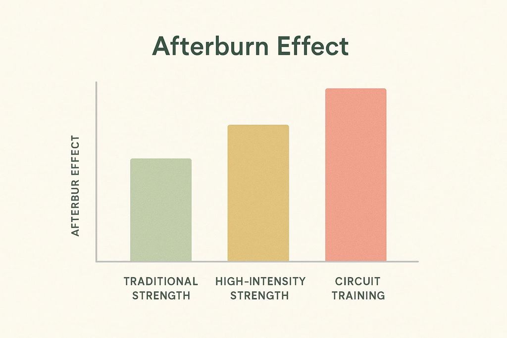 A bar chart illustrating the 'afterburn effect' (EPOC) for different types of weight training: Traditional Strength, High-Intensity Strength, and Circuit Training. Circuit Training shows the highest afterburn effect, followed by High-Intensity Strength, and then Traditional Strength.