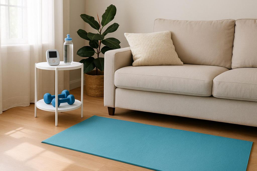 A home workout space featuring a teal yoga mat on a wooden floor, next to a beige sofa. A white side table holds a baby monitor, a water bottle, and blue dumbbells. A potted plant stands in the background by a window.