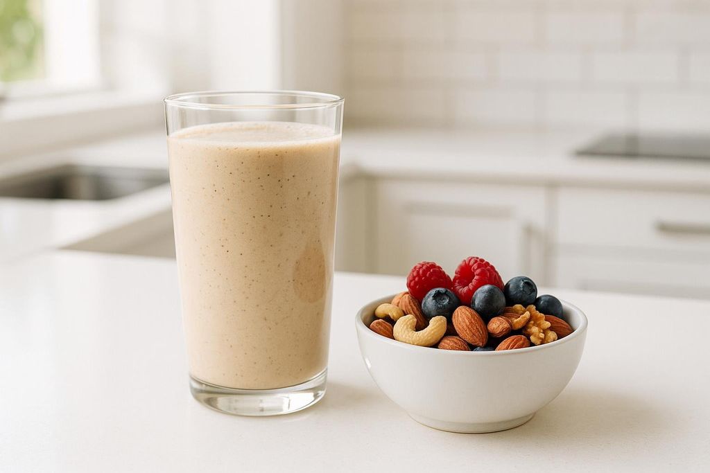 A protein smoothie next to a bowl of nuts and berries on a kitchen counter.