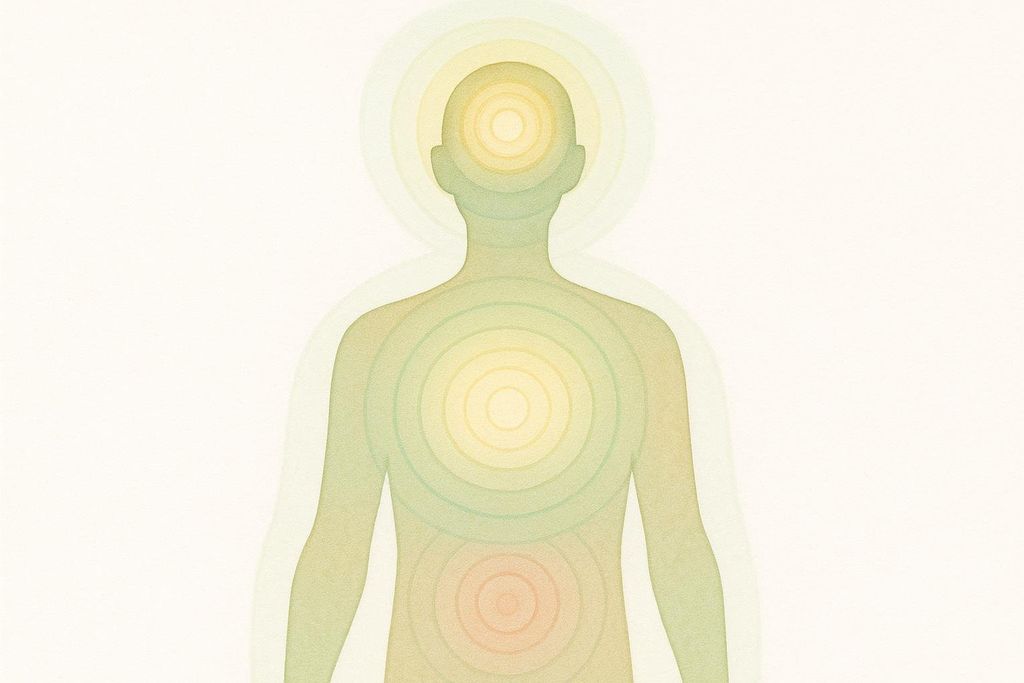 An illustration of the back of a human torso and head, depicted with concentric circles in shades of green, yellow, and orange centered around the head, chest, and lower back, suggesting internal energy or chakras.
