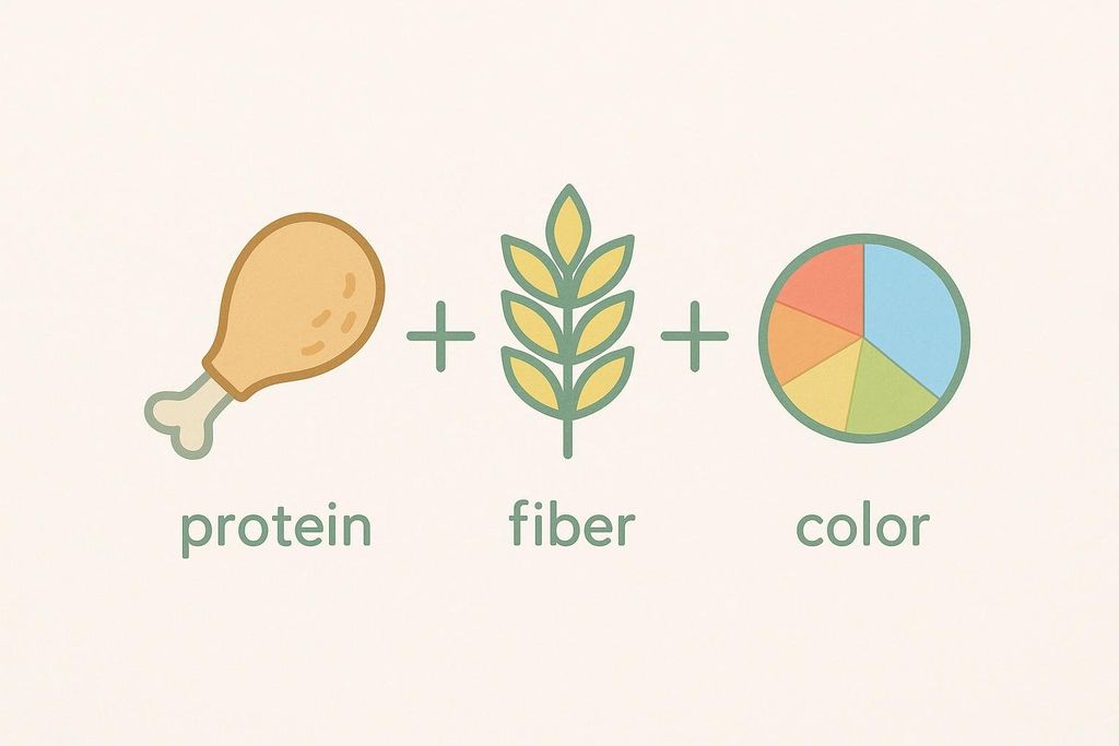 An illustration showing icons for protein (a chicken leg), fiber (a stalk of wheat), and colorful produce (a pie chart with various colors), representing the formula for a balanced, brain-healthy meal.