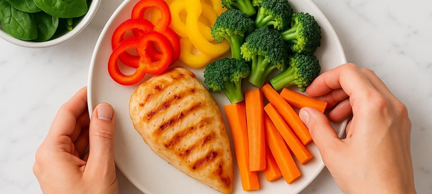 A person's hands are placing carrots on a plate with grilled chicken, broccoli, and red and yellow bell peppers, showcasing a healthy meal.