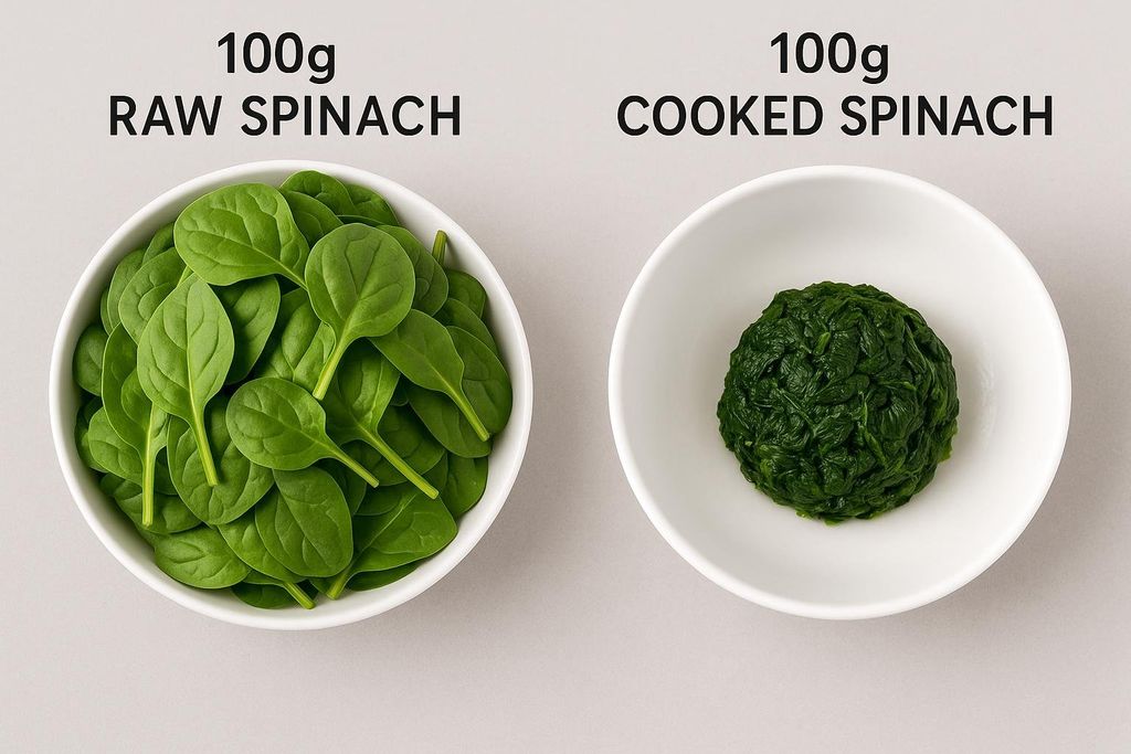 A visual comparison showing 100 grams of raw spinach filling a large bowl next to 100 grams of cooked spinach compacted into a small ball in a smaller bowl, illustrating the dramatic reduction in volume after cooking.