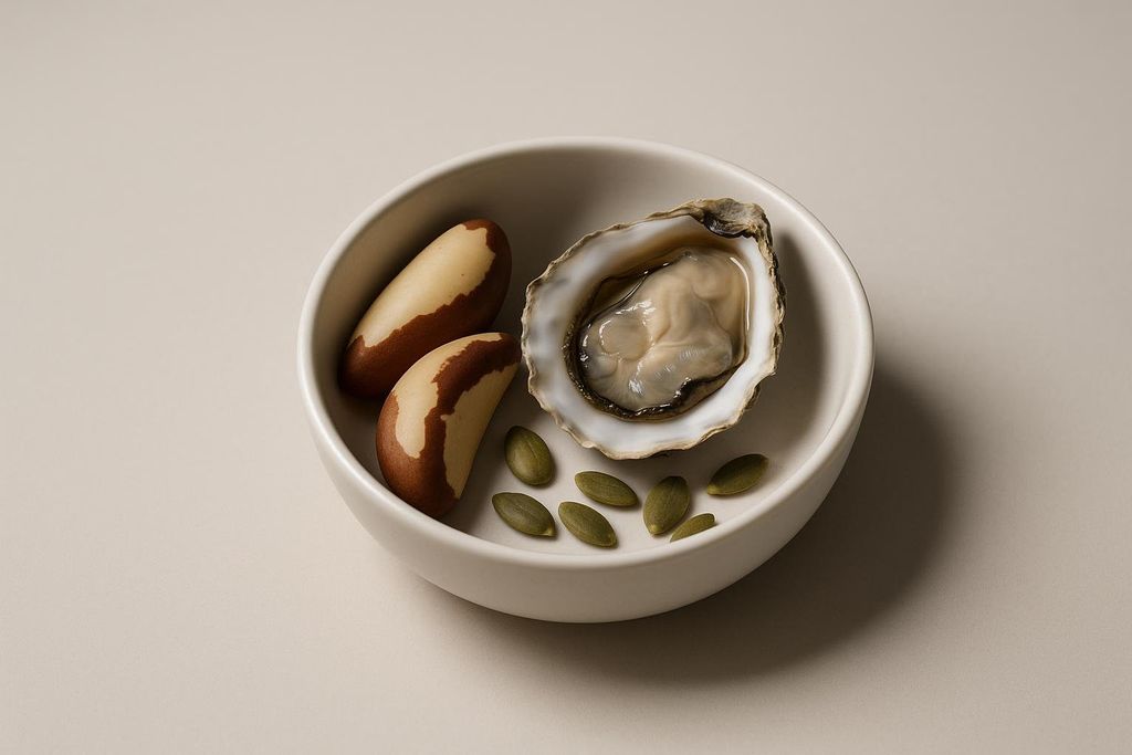 Close-up of a white bowl containing two Brazil nuts, an opened oyster in its shell, and several green pumpkin seeds, highlighting ingredients rich in selenium and zinc beneficial for thyroid health.