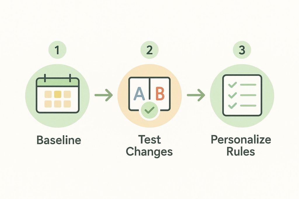 An infographic showing the 3-step CGM experiment: 1. Baseline with a calendar icon. 2. Test Changes with an A/B test icon. 3. Personalize Rules with a checklist icon.