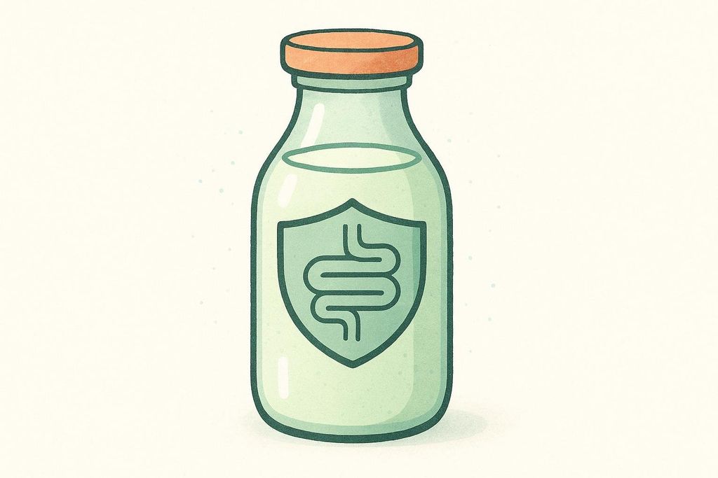 An illustration of a light green milk bottle with a light orange cap. On the bottle is a shield icon containing a stylized image of intestines, suggesting gut health.