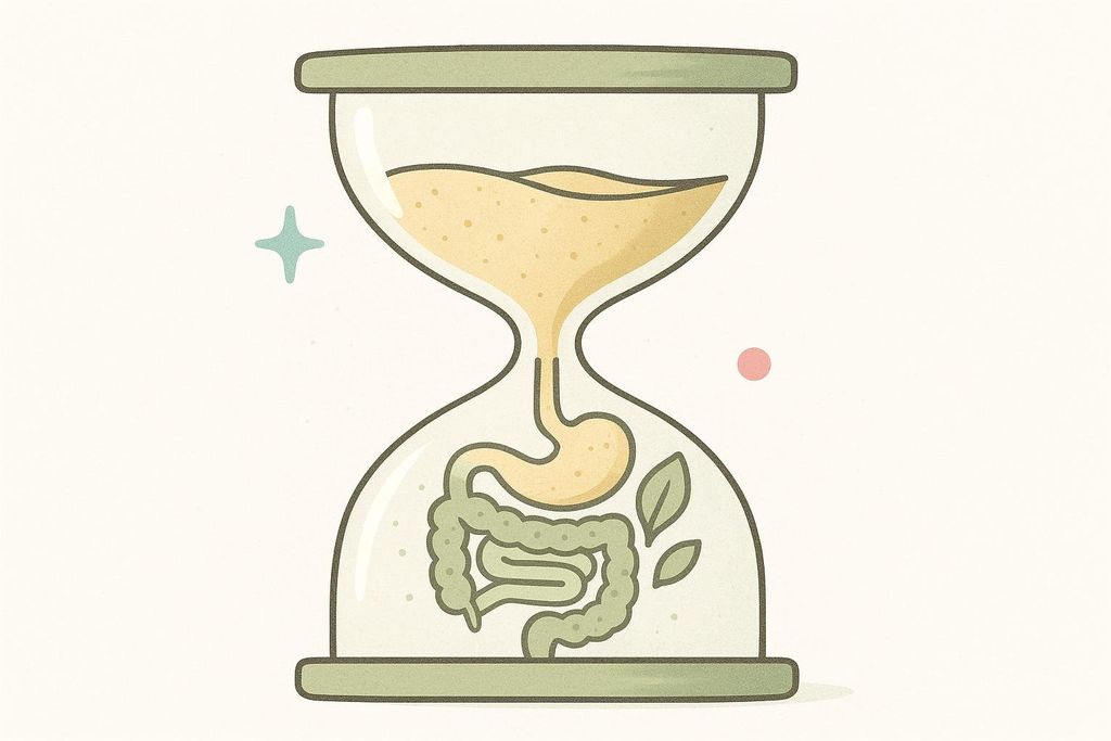 An illustration of an hourglass with the top half containing liquid and sand representing food, flowing into the bottom half which contains a stylized stomach and intestines, along with two green leaves. This visual metaphor illustrates slow digestion.