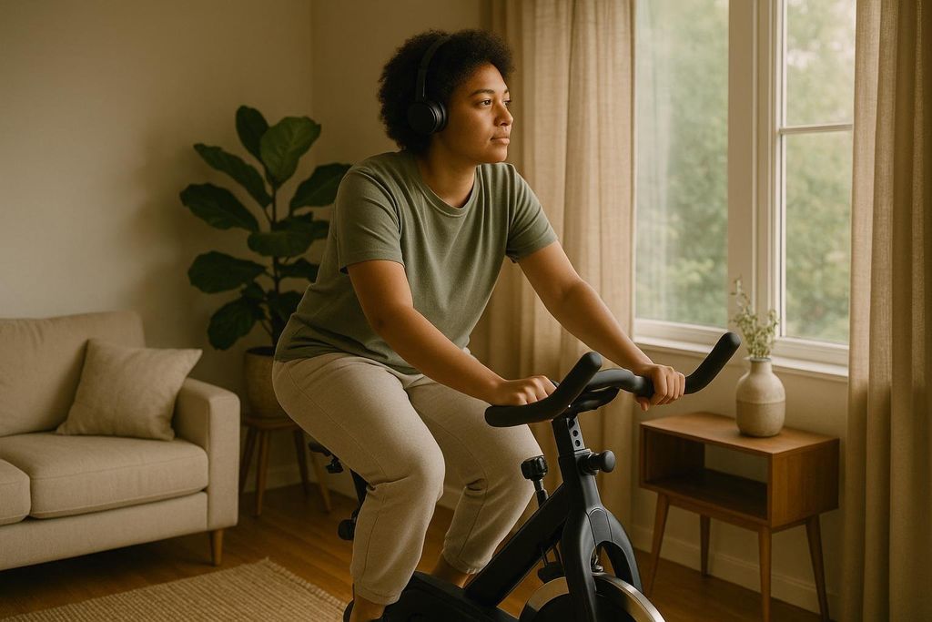 A person with short curly hair and headphones on a stationary bike inside a home. The person is wearing a green t-shirt and light pants, looking out of a large window with green trees visible outside. Part of a beige sofa and a houseplant are also visible in the room.