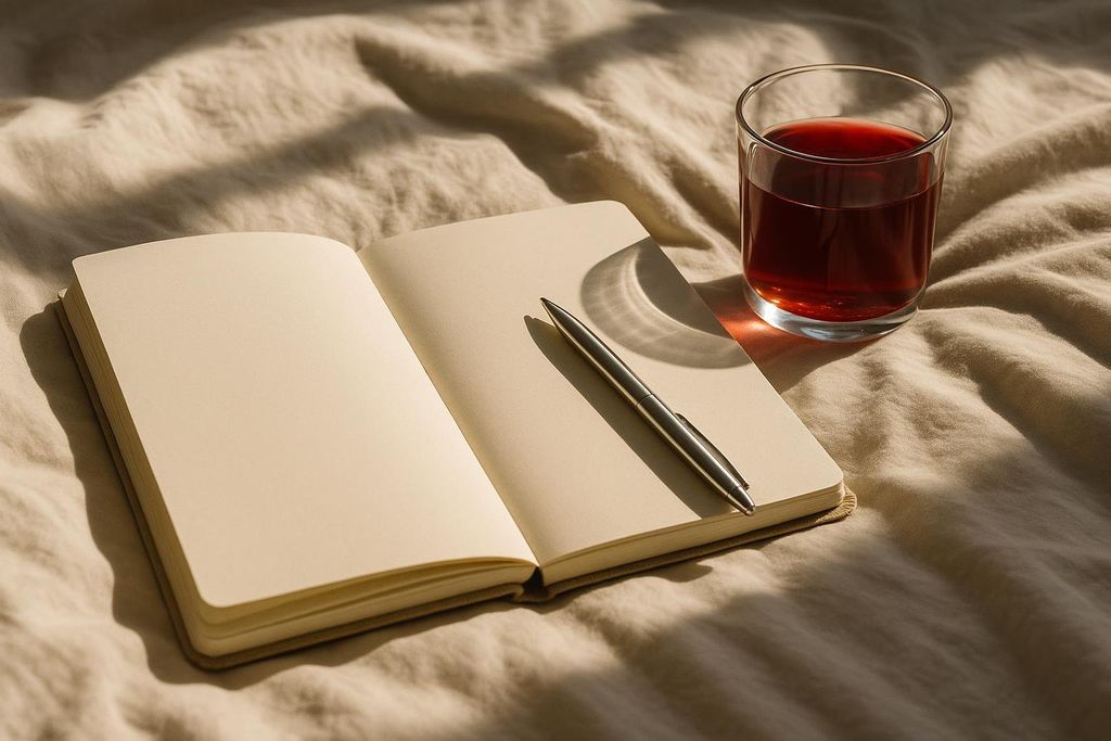 An open sleep journal with a pen on its pages lies next to a glass of red cherry juice, all resting on a beige crumpled bed sheet in soft sunlight.