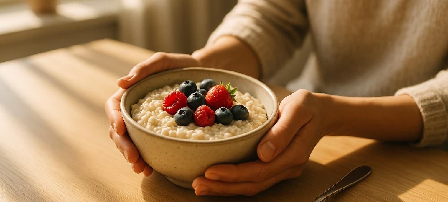 A person holding a bowl of oatmeal topped with blueberries, raspberries, and strawberries in a warm, sunlit setting.