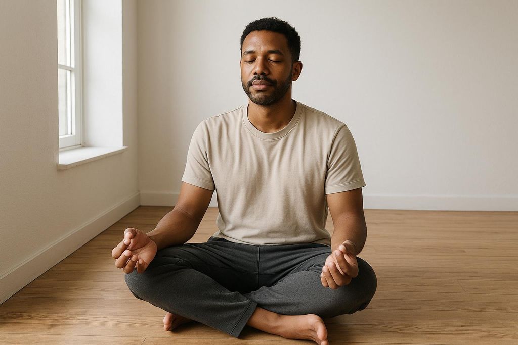 A man with closed eyes practices mindfulness and deep breathing while sitting in a meditative pose on a wooden floor in a minimalist room.