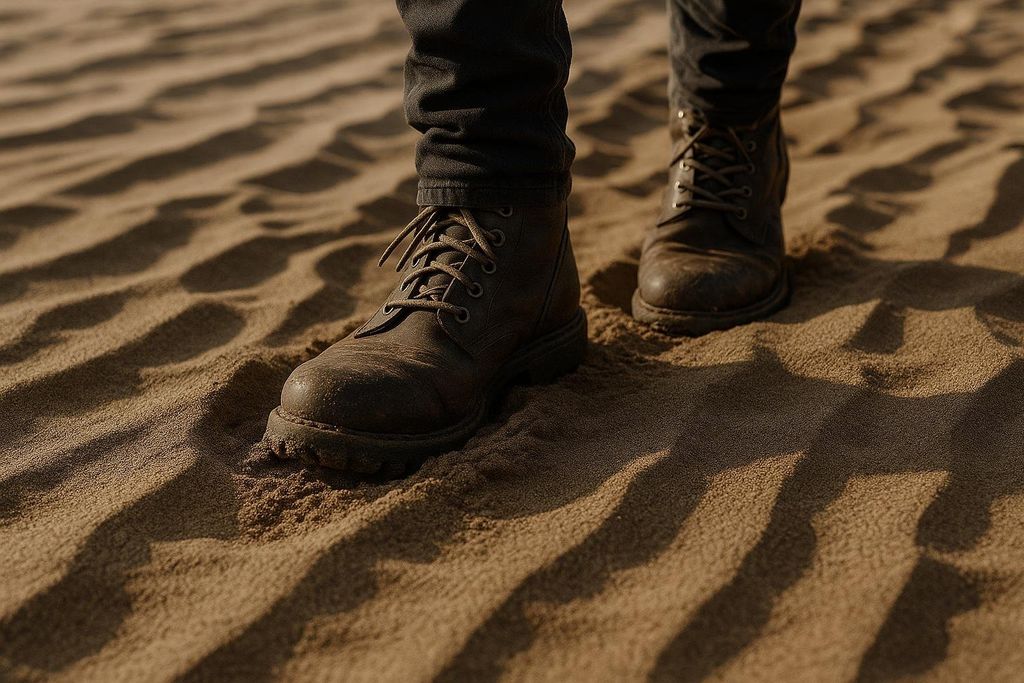 Close up of hiking boots walking in sand