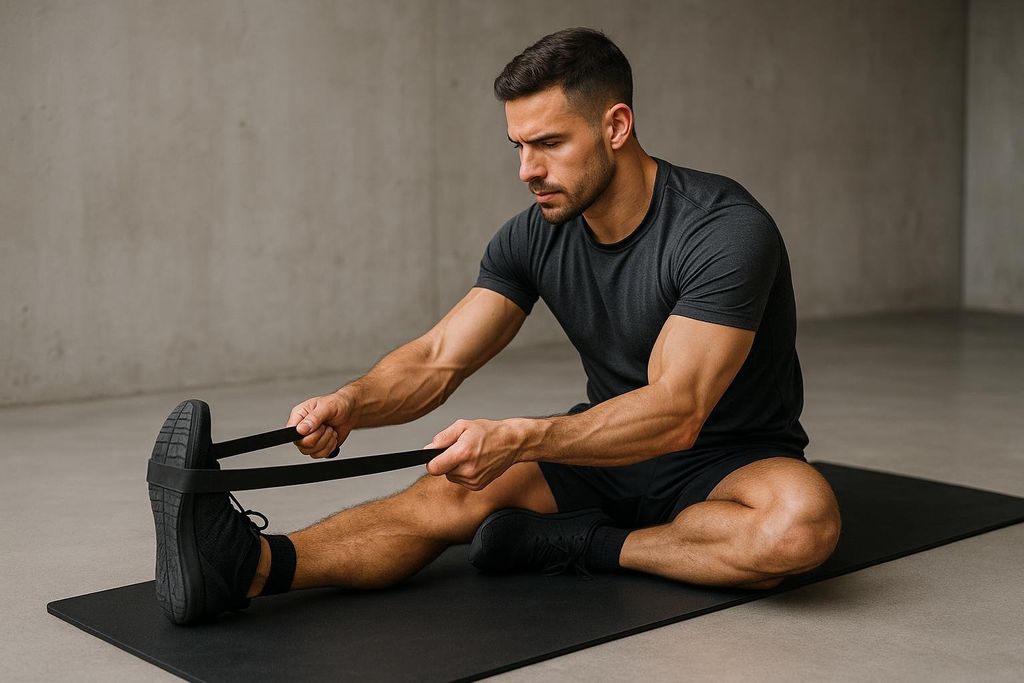 A man in dark athletic wear stretches his leg with a black resistance band while sitting on a black yoga mat. He holds the band with both hands, pulling it around the sole of his foot.