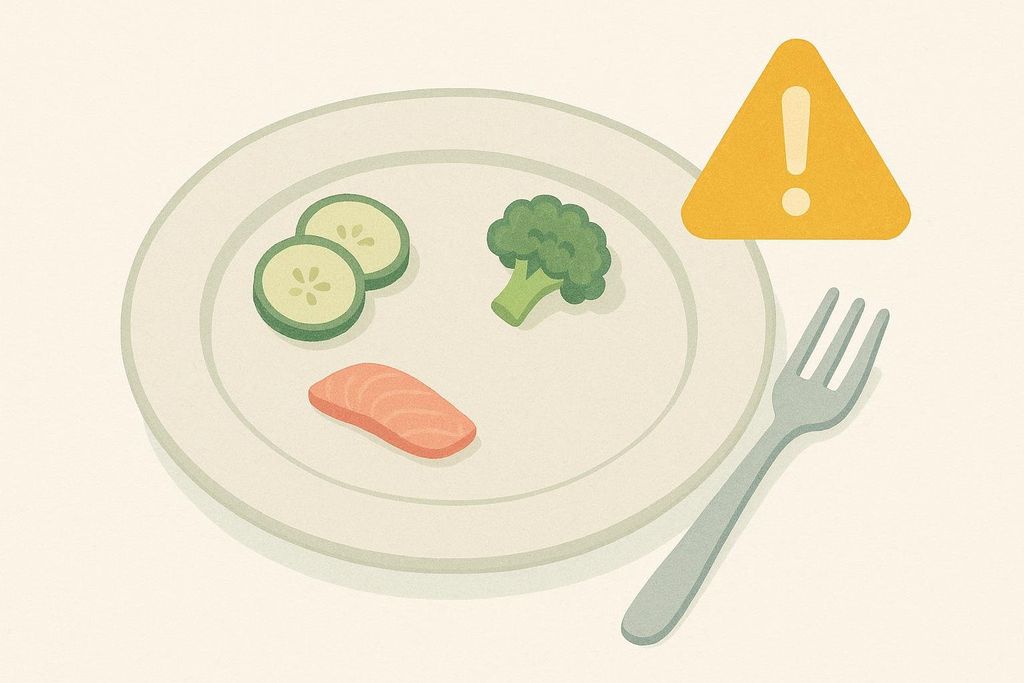 An illustration of a small portion of food on a plate, including cucumber slices, a piece of salmon, and a broccoli floret, with a yellow triangular warning icon next to it, implying risk of under-eating.