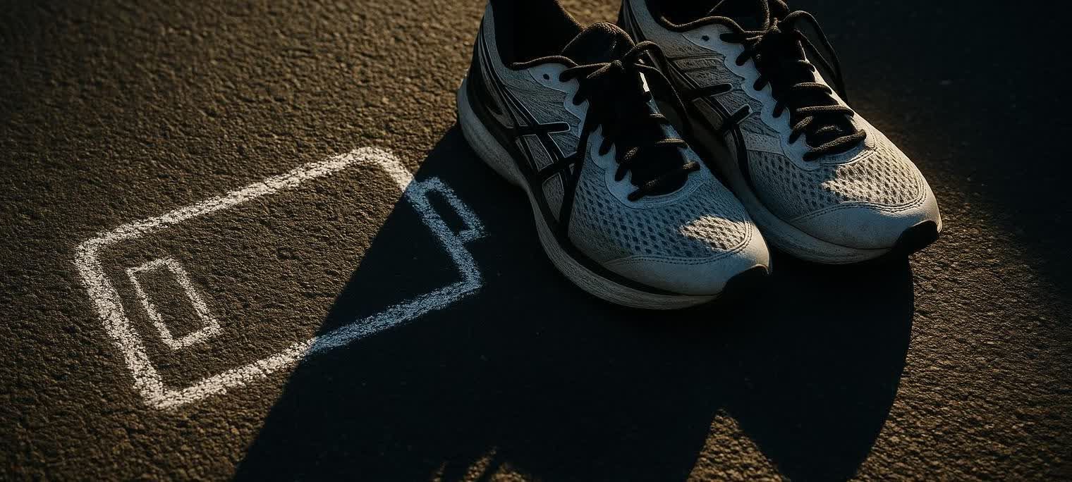 A pair of white and black running shoes rests on pavement with a chalk drawing of a low battery symbol next to them.