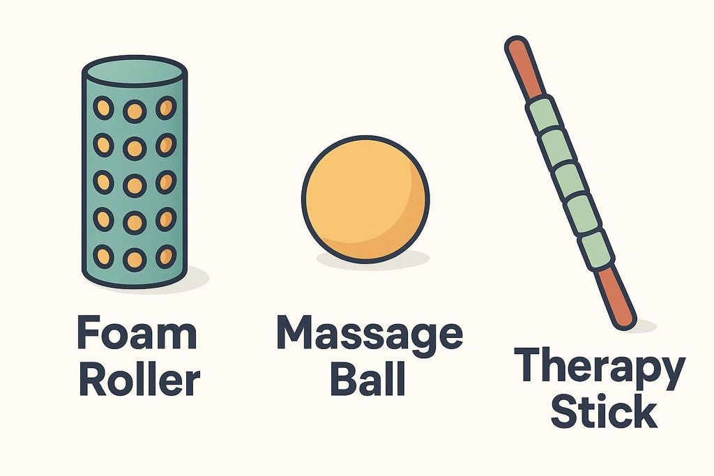 An illustration showing three self-massage tools. From left to right: a green foam roller with orange bumps, a yellow massage ball, and a therapy stick with a red handle and green segments.