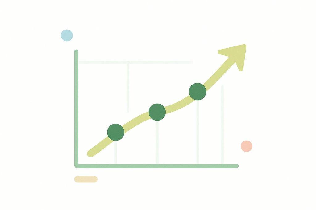 An upward trending line chart with green dots marking progression along the line, indicating growth or positive progress. The background is off-white with faint grid lines.