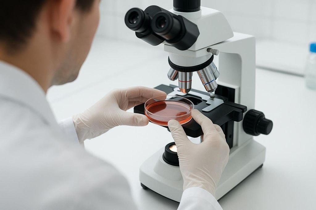 A laboratory professional wearing white gloves and a lab coat is carefully placing a petri dish containing a red fluid onto the stage of an optical microscope, preparing for examination.