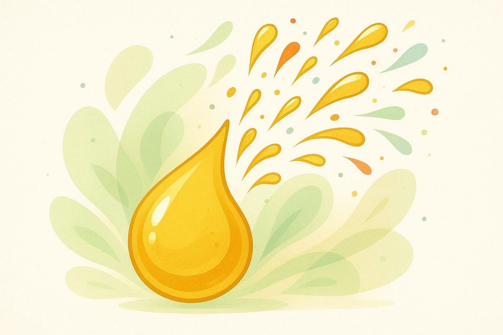 An illustration of a large golden or yellow tear-shaped drop on a light background, bursting into smaller, colorful liquid particles. Green and light blue splash shapes are in the background, making it look like a vibrant, energetic explosion.