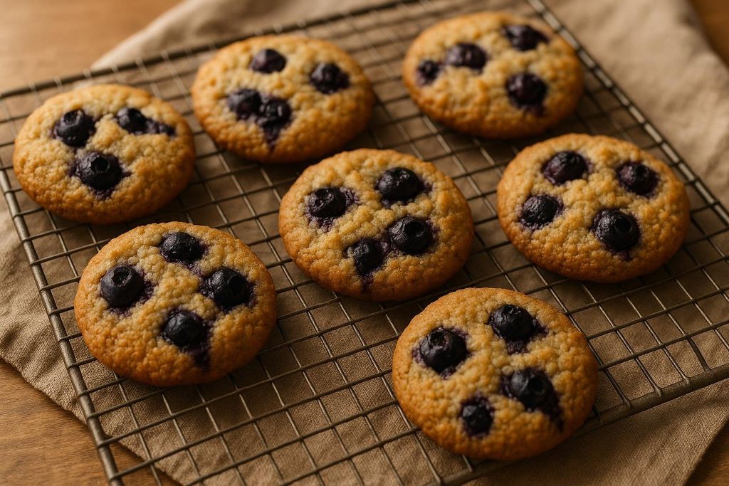 Seven freshly baked almond-flour blueberry cookies with golden-brown tops and visible blueberries, cooling on a wire rack over a light brown cloth.