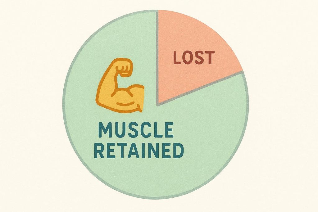 A pie chart visually representing muscle retained versus muscle lost during weight loss. The larger green section shows 'Muscle Retained' with an arm flexing icon, while the smaller orange section shows 'Lost'.