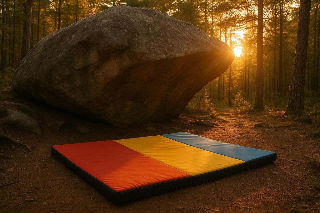 Open crash pad laying on the ground beneath an outdoor boulder