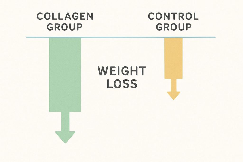 A bar chart comparing weight loss in a collagen group versus a control group. The green bar for the collagen group is significantly longer than the yellow bar for the control group, indicating substantially more weight loss in the collagen group.